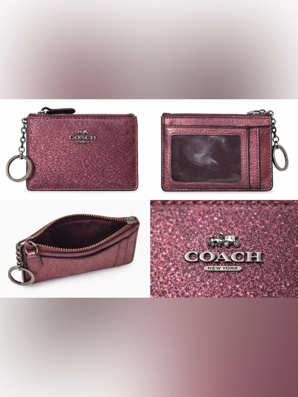 Coach Glitter ID Card Case Keychain Pink